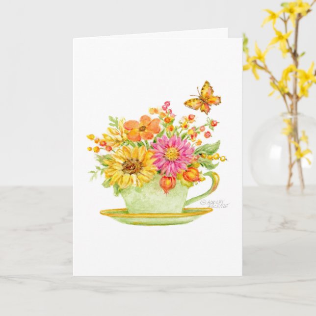 Thinking of You Autumn Teacup Beautiful Day Card (Yellow Flower)
