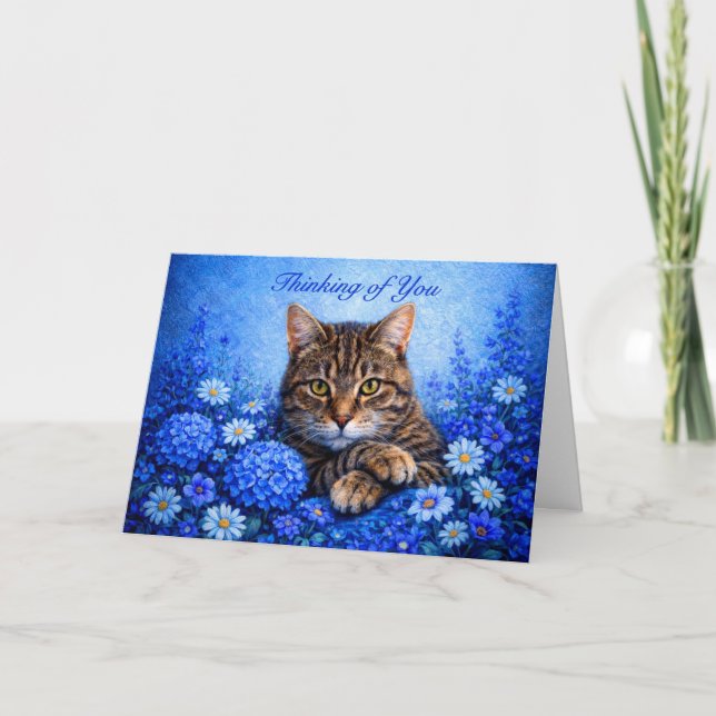 Thinking of You Blue Floral Tabby Cat Card (Front)