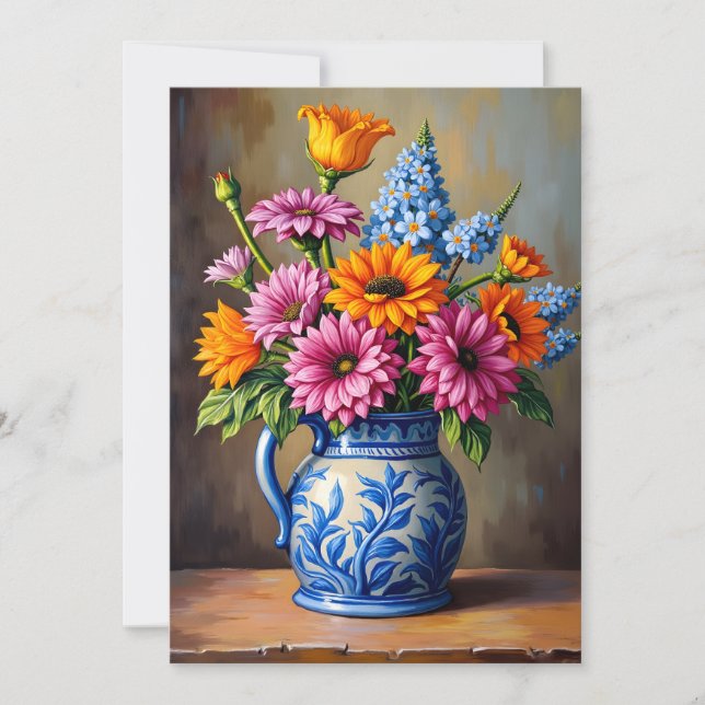 Thinking of You Blue White Pitcher Bright Flowers Card (Front)