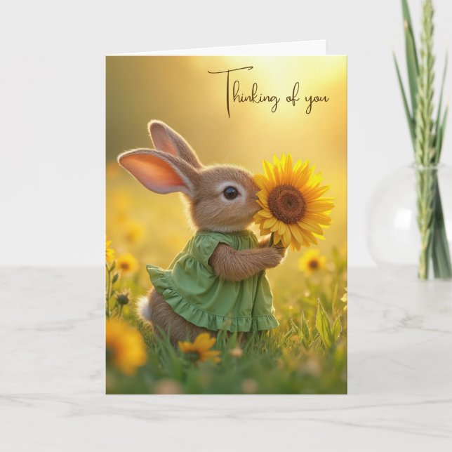 Thinking of You Bunny Sniffing a Sunflower Card (Front)