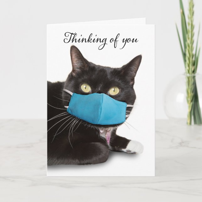 Thinking of You Cat in Blue Face Mask Holiday Card (Front)