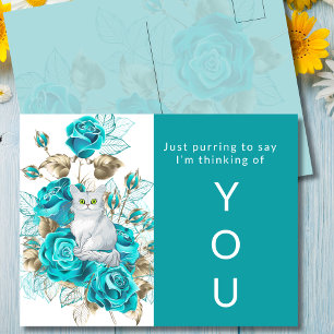 Thinking of You Cat with Turquoise Roses Postcard