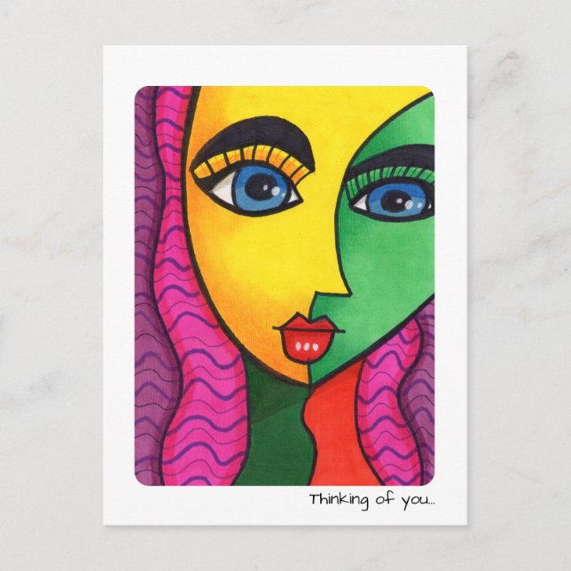 Thinking Of You Colourful Abstract Girl Face Postcard (Front)