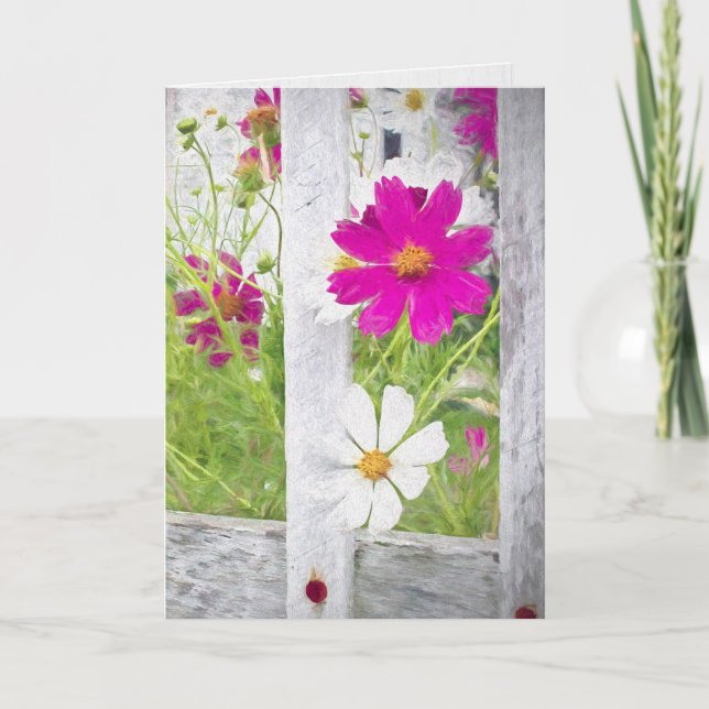 Thinking Of You Cosmos Garden and Fence  Card (Front)