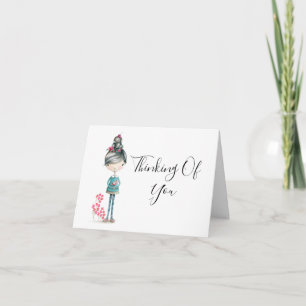 "Thinking of You" Cute Boho Girl With Bird Card