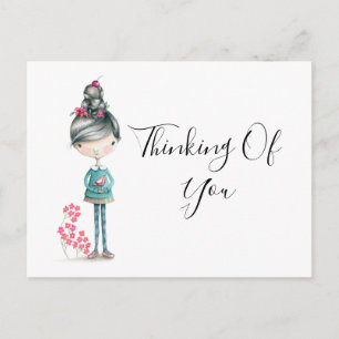 "Thinking of You" Cute Boho Girl With Bird Postcard