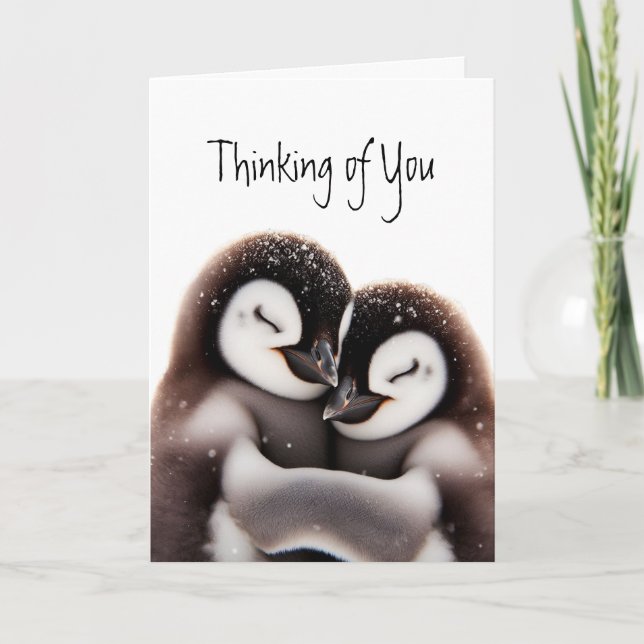 Thinking of You Cute Cuddling Penguin Birds Card (Front)