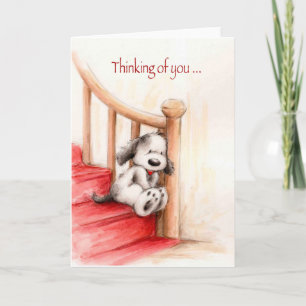 Thinking of you, cute dog waiting on stairs card
