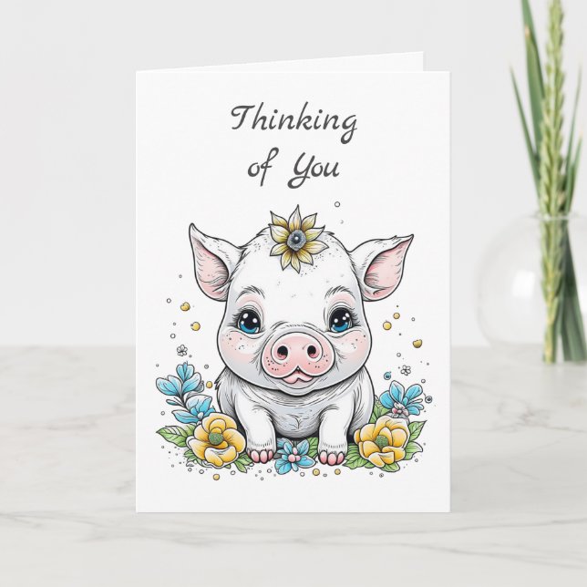 Thinking of You! Cute Pig with Yellow Flowers Card (Front)
