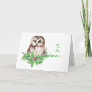 Thinking of you Cute Watercolor Owl Holiday Card