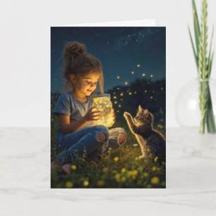 Thinking of You Fireflies with Kitten and Girl Card