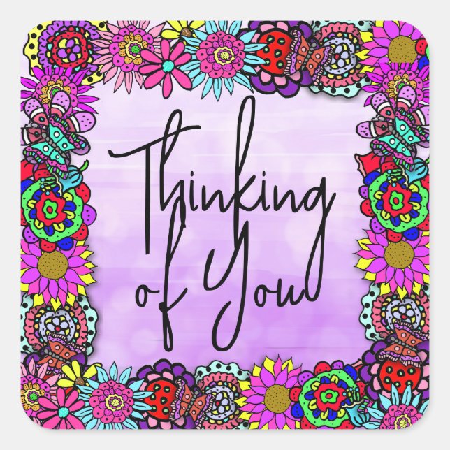 Thinking of You | Floral Border Square Sticker (Front)