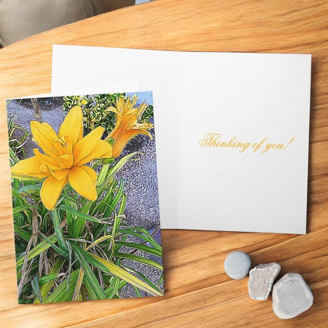 Thinking Of You Floral Orange Bloom Bud Photograph Card (Day Lily cover inside template folding greeting card)