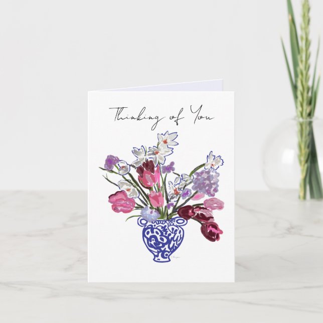 Thinking of You Floral Pink Original Art Floral Note Card (Front)
