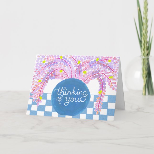 Thinking Of You Floral Spray Blossom in Blue Vase Invitation (Front)