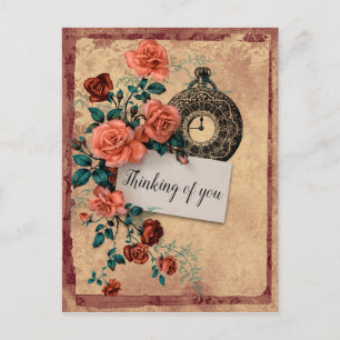 Thinking of You Floral Watch Vintage Style Postcard