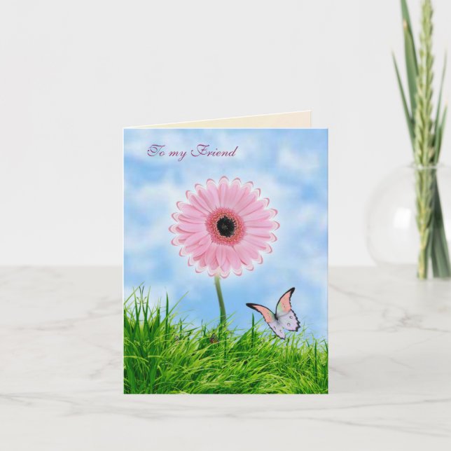 Thinking of you Friend Card with pink gerbera and (Front)