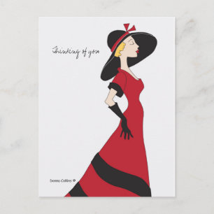 Thinking of you girl in red dress postcard