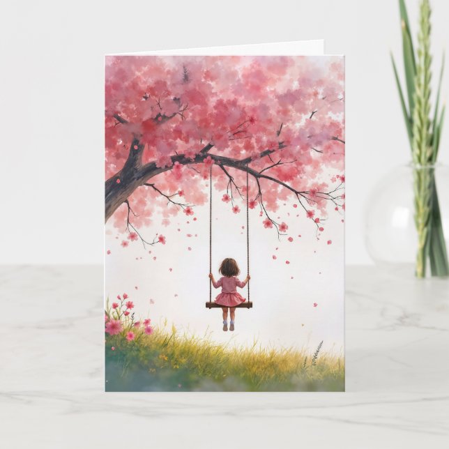 Thinking of You Girl On Cherry Tree Swing Card (Front)