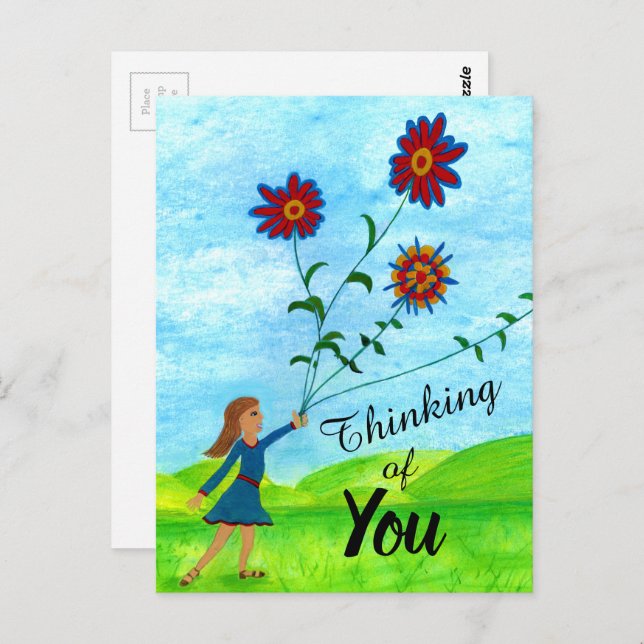 Thinking of You Girl With Flowers Postcard (Front/Back)
