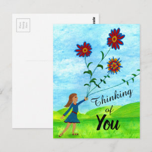 Thinking of You Girl With Flowers Postcard