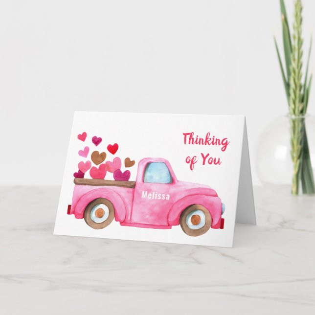 Thinking of You Hearts in Truck Personalised Pink Card (Front)