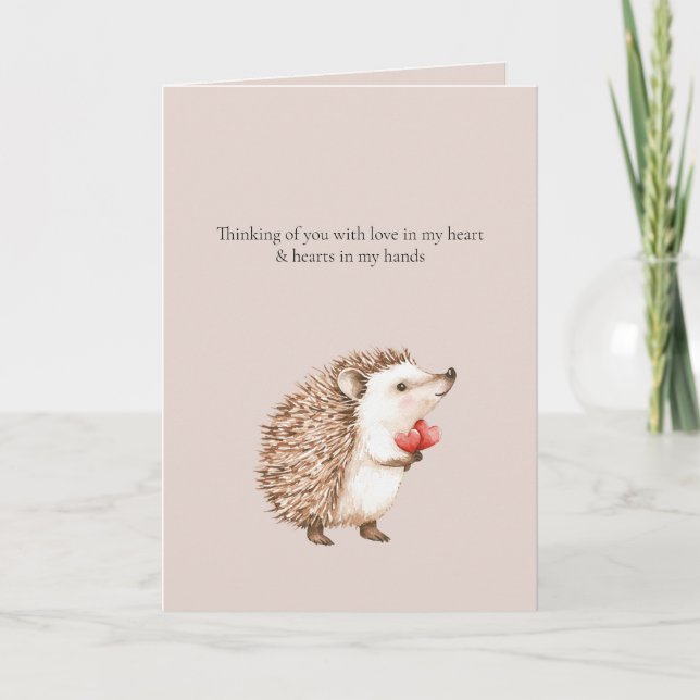 Thinking of you Hedgehog Hearts in Hands (cream) Card (Front)