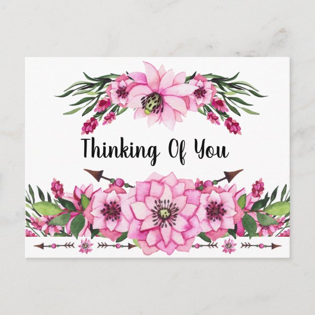 Thinking Of You In Pink Flowers Postcard (Front)