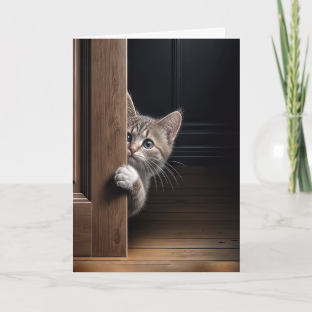 Thinking of You Kitten Peeking Around a Door Card (Front)