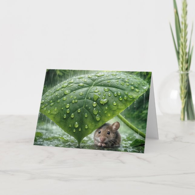 Thinking Of You Mouse Under a Wet Leaf Card (Front)