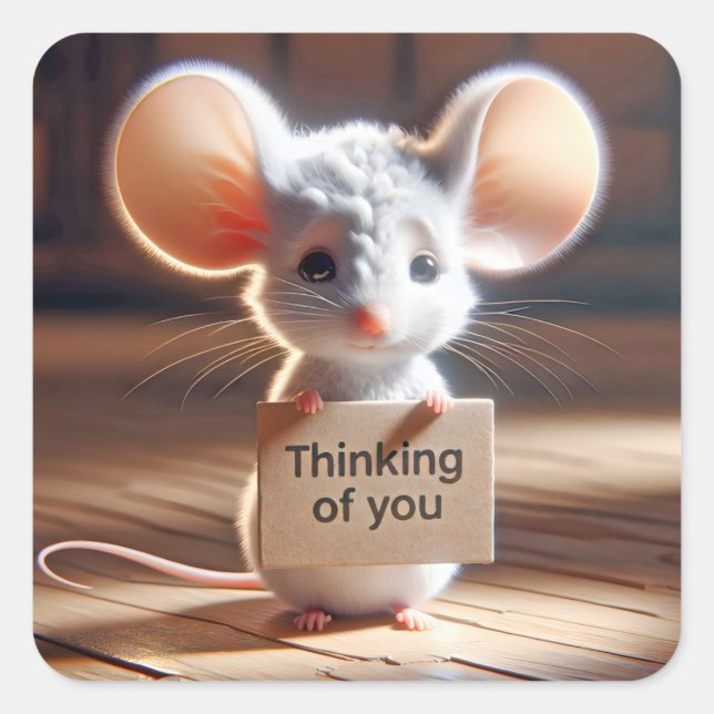 Thinking of You Mouse With Cardboard Sign Square Sticker (Front)