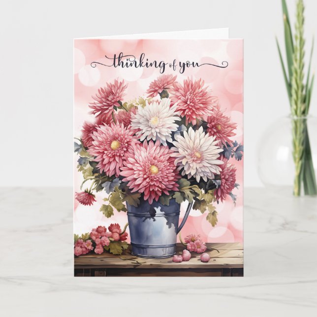 Thinking of You Pink and White Chrysanthemums Card (Front)