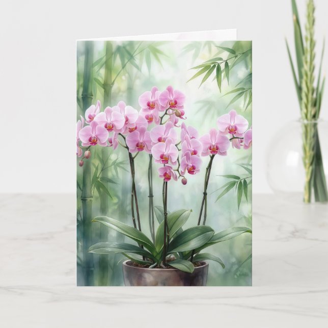 Thinking of You Pink Orchids On Green Bamboo Card (Front)