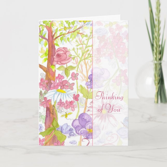 Thinking of You Pink Roses Pansies Leaves Card (Front)