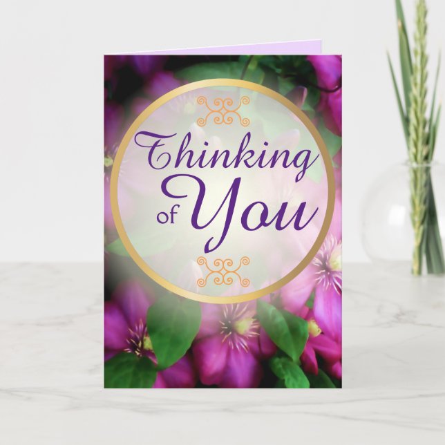 Thinking of You Purple Pink Clematis Flowers Card (Front)