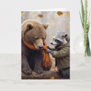 Thinking of You Racoon Tying a Scarf On a Bear Card