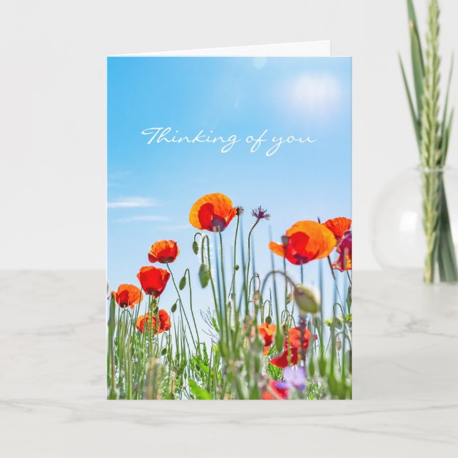 Thinking of You Red Poppy Flowers Modern Sympathy Card (Front)