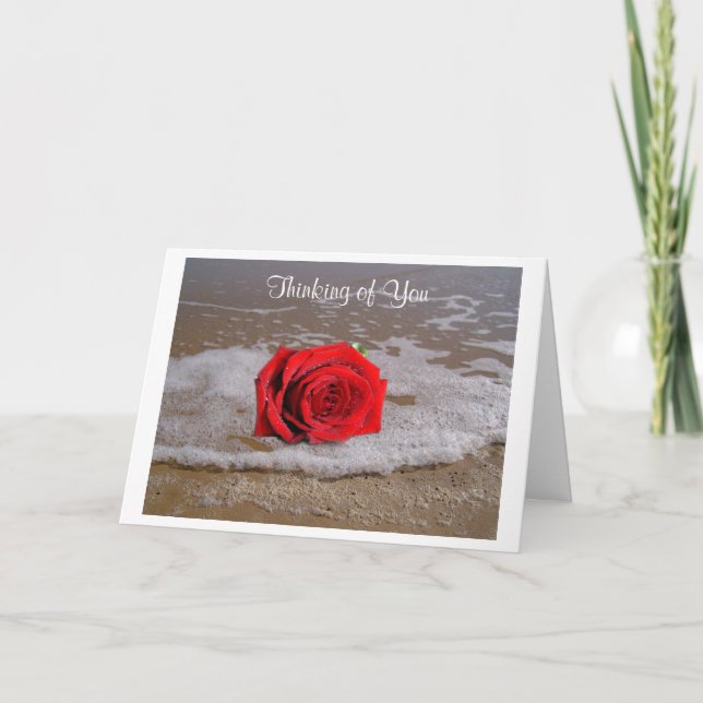 Thinking of You Red Rose On Beach Greeting Card (Front)