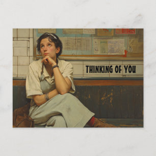 THINKING OF YOU RETRO WOMAN POSTCARD