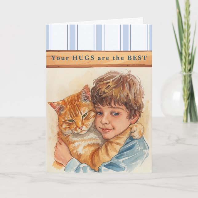 Thinking of You Sending Hugs Boy and Cat Card (Front)