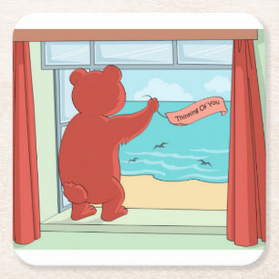 Thinking of You Teddy Bear Missing You Cute Art Square Paper Coaster