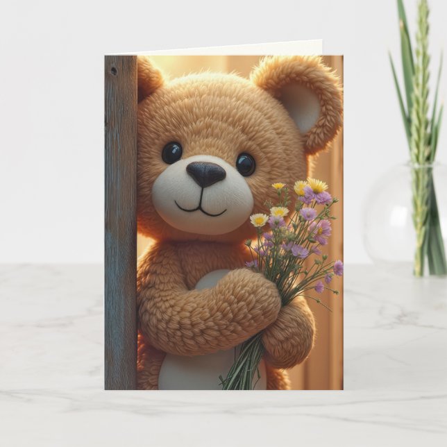 Thinking of You Teddy Bear With Wildflower Bouquet Card (Front)