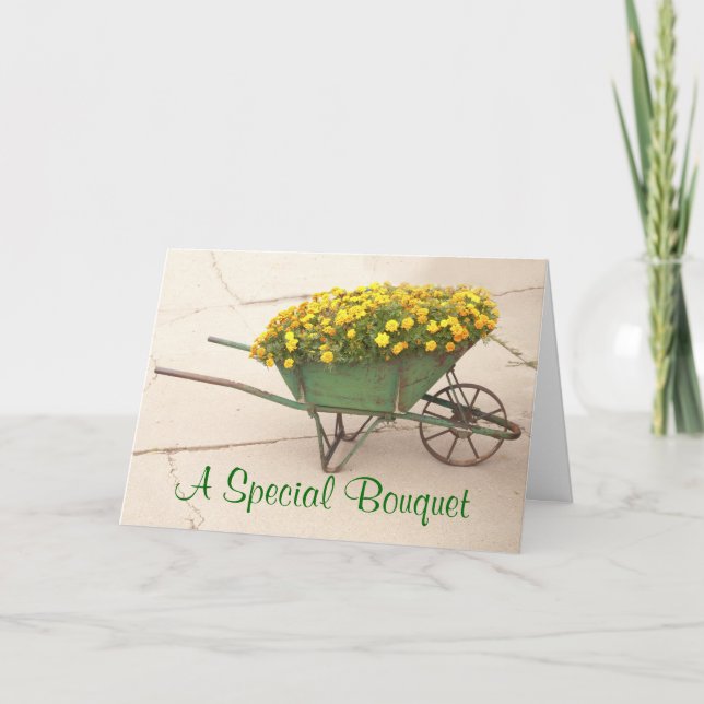 Thinking of You Vintage Wheelbarrow of Marigolds  Card (Front)