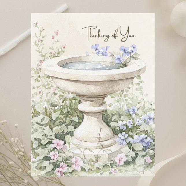 Thinking of You Watercolor Birdbath in Garden Holiday Postcard (Creator Uploaded)