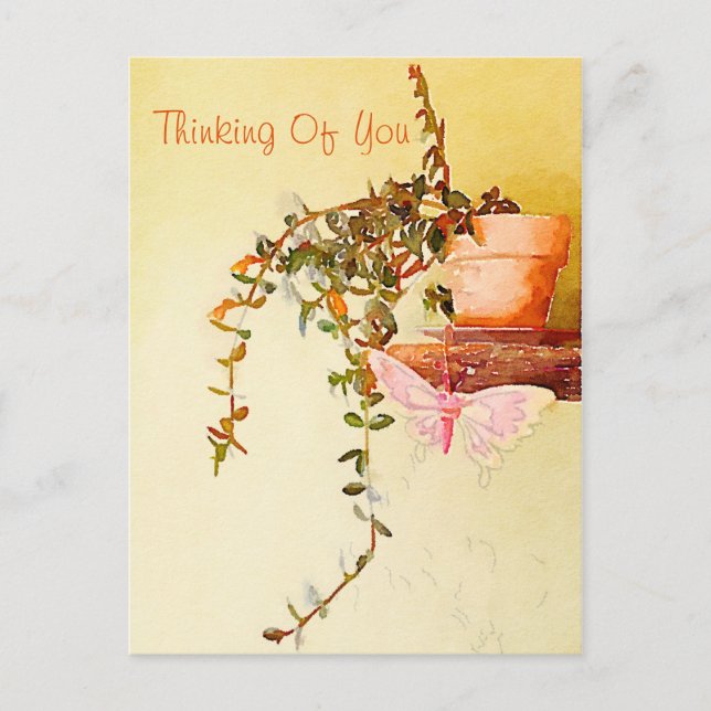 Thinking Of You Watercolor Potted Plant Butterfly Postcard (Front)