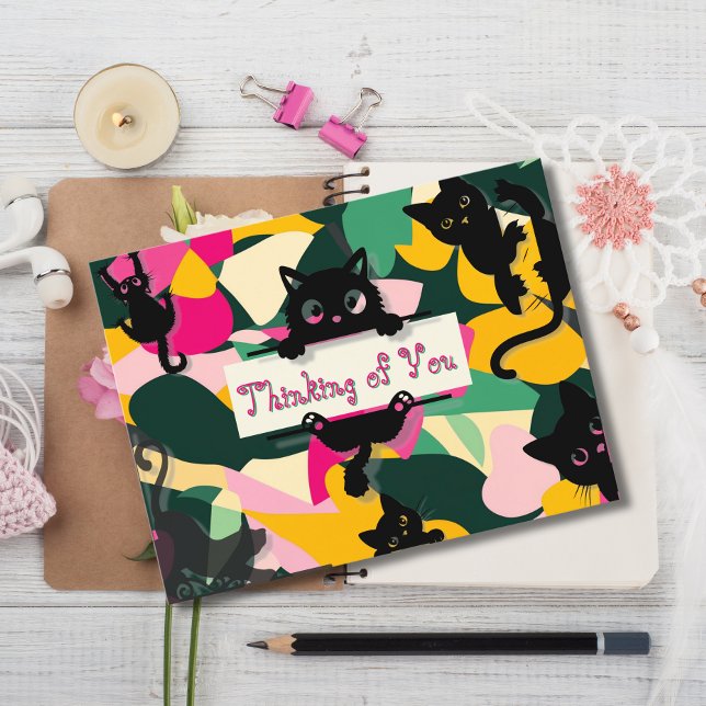 Thinking of You Whimsical Cats and Florals Postcard (Creator Uploaded)