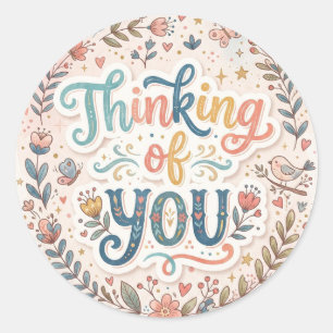 Thinking of You Whimsical Floral Classic Round Sticker