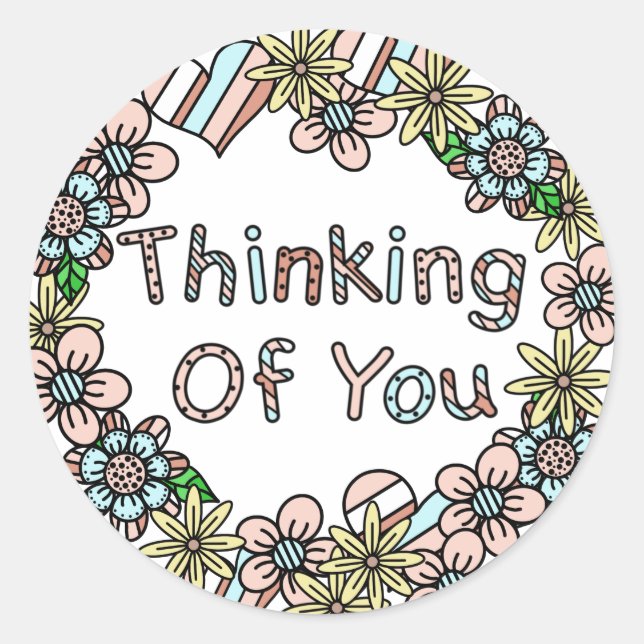 Thinking of You | Whimsical Floral Classic Round Sticker (Front)