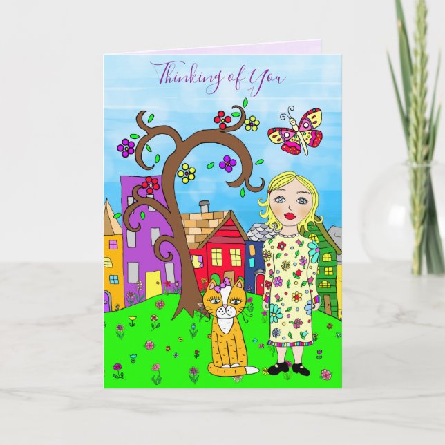 Thinking of You Whimsical Lady and Cat Friendship Card (Front)