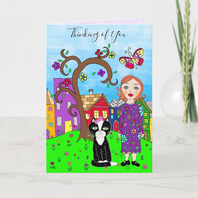 Thinking of You Whimsical Lady and Cat Friendship Card (Front)